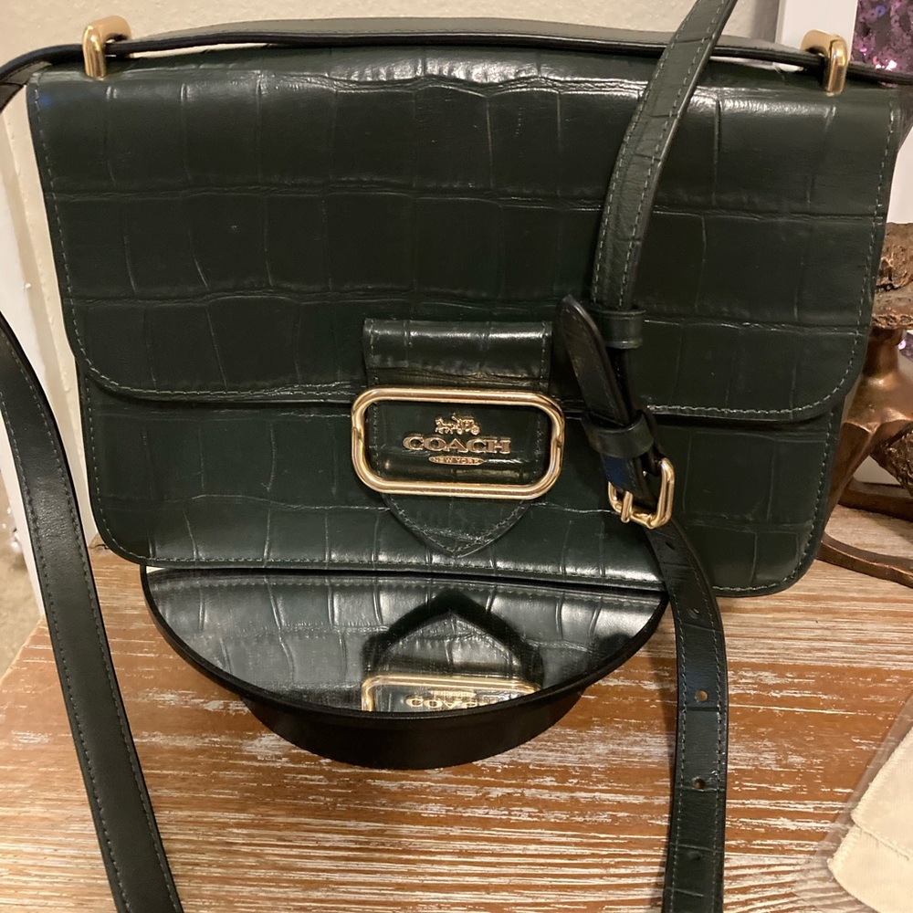 Coach Dark Green Croc-Embossed Leather Shoulder Bag with Gold Hardware